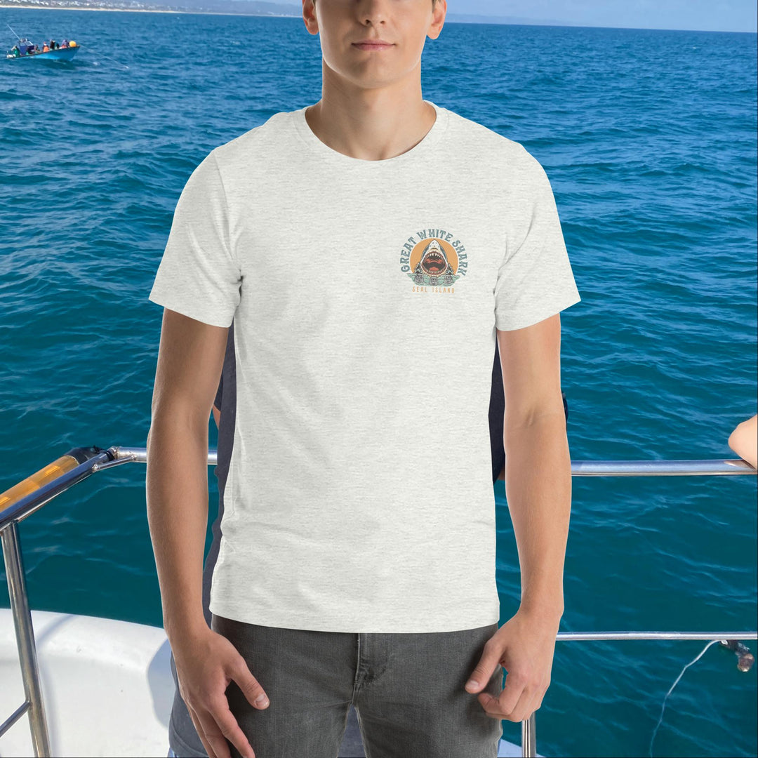 Monoline Seal Island Shark Hunt Front And Back T-Shirt | White Shark Ocean `| Great White Shark