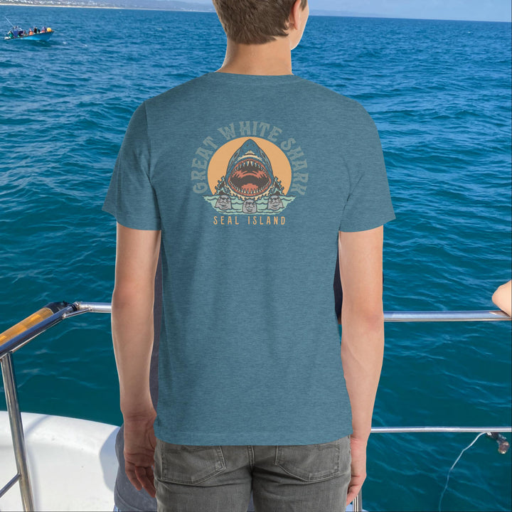 Monoline Seal Island Shark Hunt Front And Back T-Shirt | White Shark Ocean `| Great White Shark