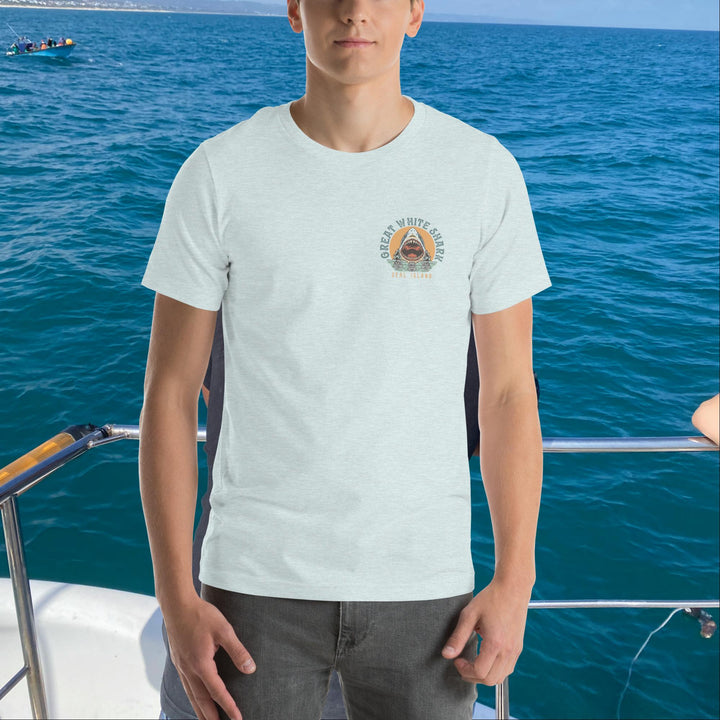 Monoline Seal Island Shark Hunt Front And Back T-Shirt | White Shark Ocean `| Great White Shark