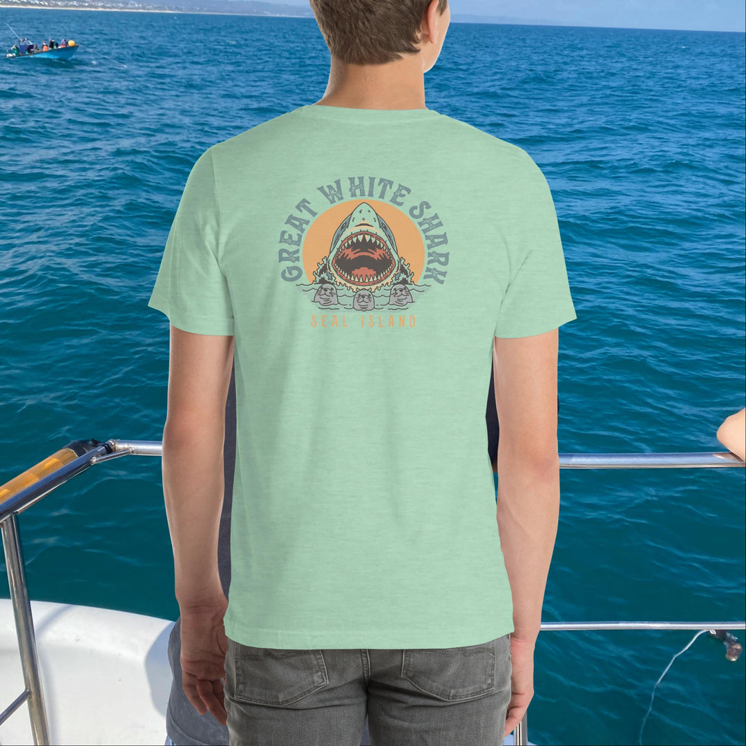 Monoline Seal Island Shark Hunt Front And Back T-Shirt | White Shark Ocean `| Great White Shark