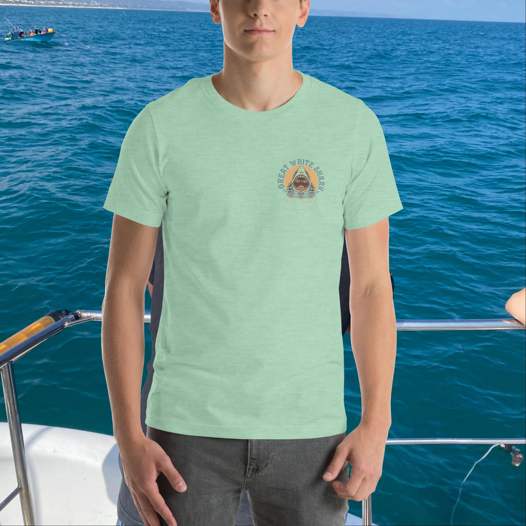 Monoline Seal Island Shark Hunt Front And Back T-Shirt | White Shark Ocean `| Great White Shark