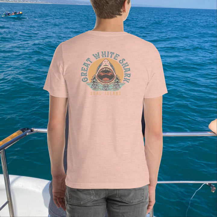 Monoline Seal Island Shark Hunt Front And Back T-Shirt | White Shark Ocean `| Great White Shark