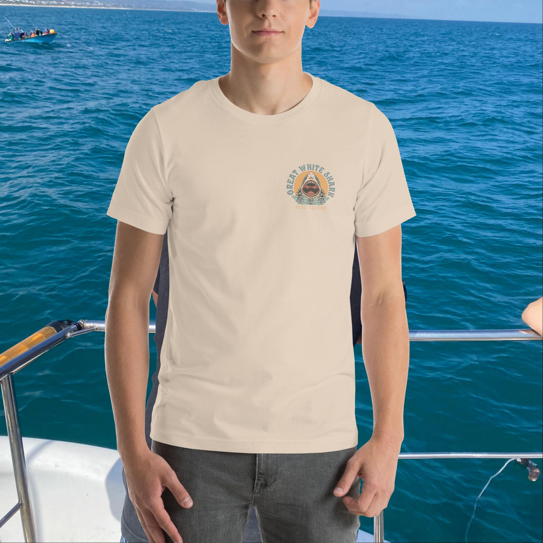 Monoline Seal Island Shark Hunt Front And Back T-Shirt | White Shark Ocean `| Great White Shark