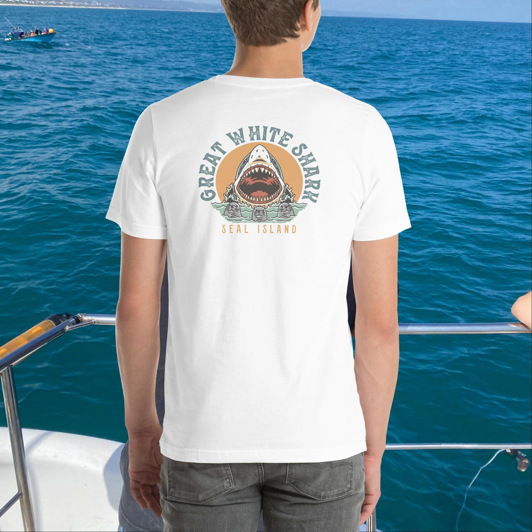 Monoline Seal Island Shark Hunt Front And Back T-Shirt | White Shark Ocean `| Great White Shark