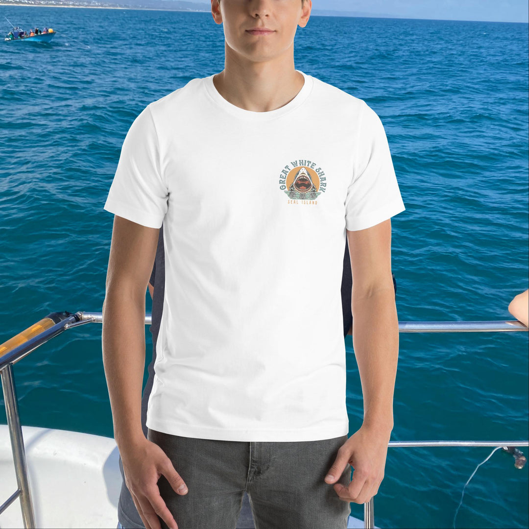 Monoline Seal Island Shark Hunt Front And Back T-Shirt | White Shark Ocean `| Great White Shark