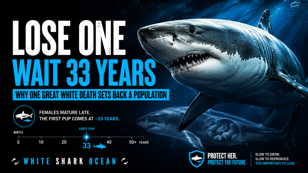 Great white shark swimming in open ocean, representing the species' extraordinarily slow reproductive cycle — females don't reach sexual maturity until age 33 and can live up to 70 years