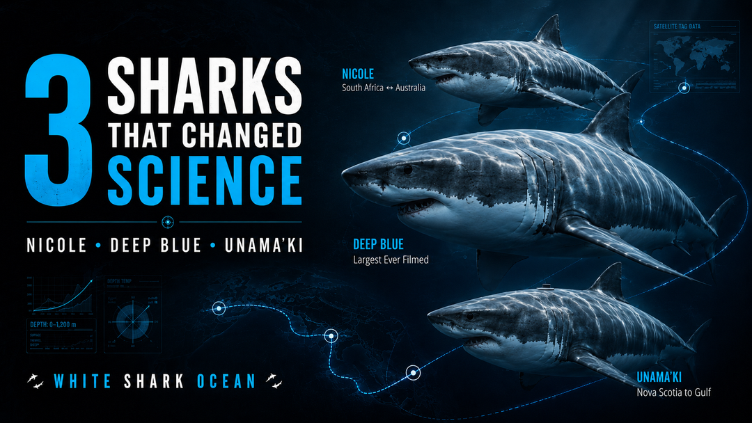 Composite illustration of Nicole, Deep Blue, and Unama'ki — three individual great white sharks whose satellite-tracked migrations changed marine science