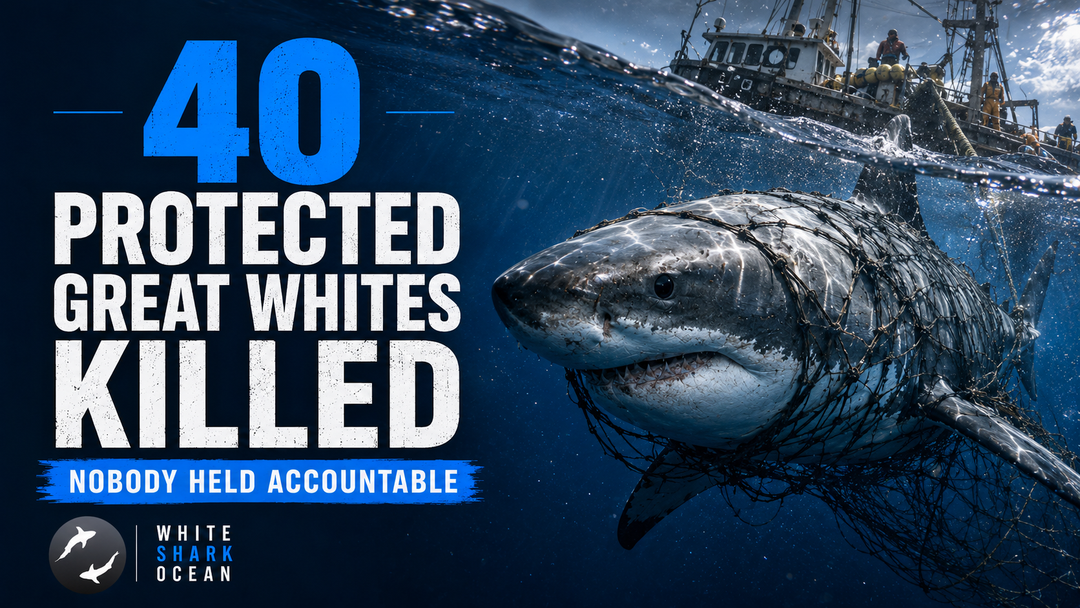 Great white shark carcass illustrating the illegal killing of protected sharks in Mediterranean waters — at least 40 great white sharks were documented killed in North African waters in 2025 despite full legal protection