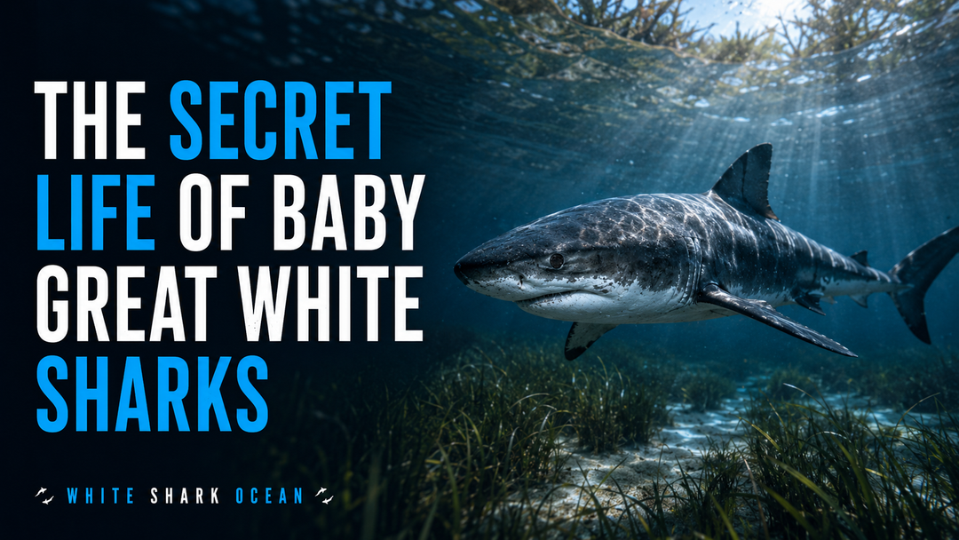 Juvenile great white shark swimming near the surface in a coastal nursery area