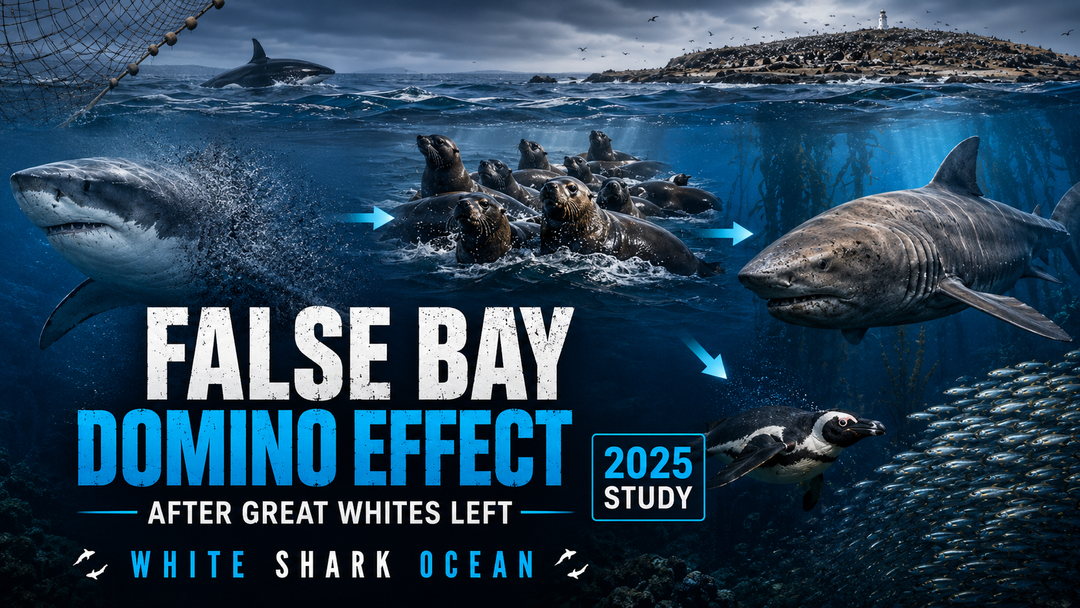 Aerial view of False Bay, South Africa, showing Seal Island — the site where great white sharks conducted breach attacks before disappearing between 2015 and 2019