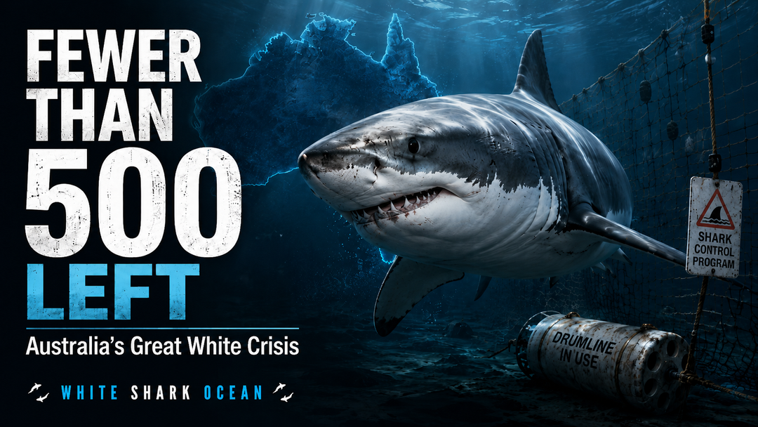 Great white shark swimming through blue ocean water representing the critically low population of fewer than 500 breeding great whites remaining in Australia