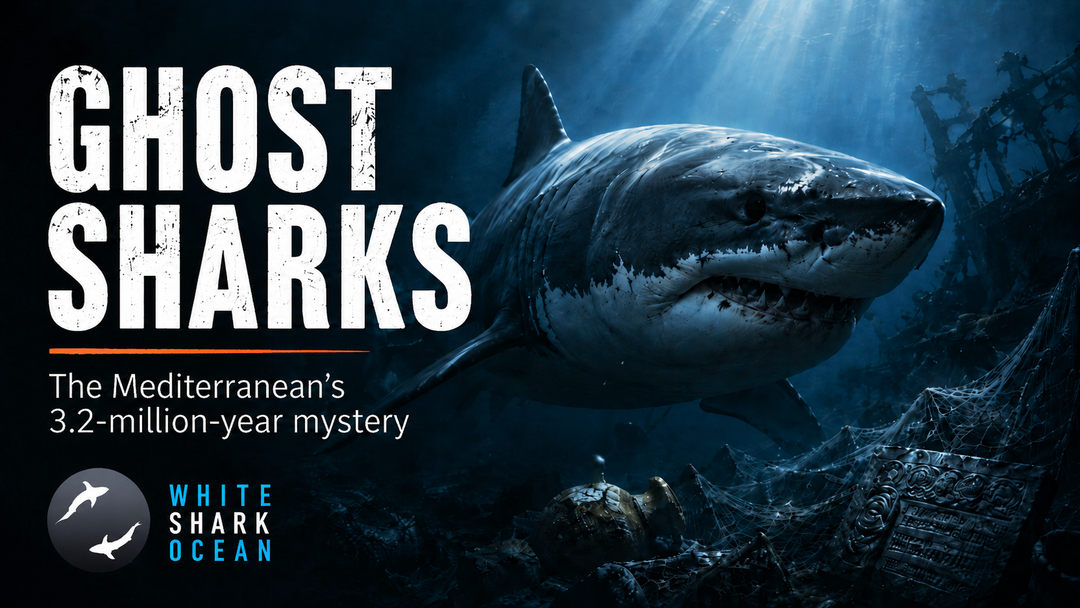 A great white shark gliding through the deep Mediterranean Sea — representing the ghost population that has survived in isolation for 3.2 million years