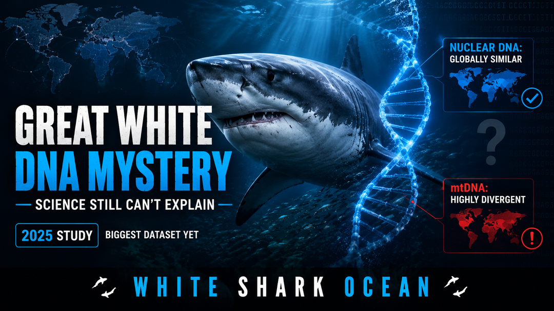 Scientific illustration showing the nuclear-mitochondrial DNA mismatch in great white sharks — nuclear DNA nearly identical worldwide, mitochondrial DNA highly divergent between the three regional populations