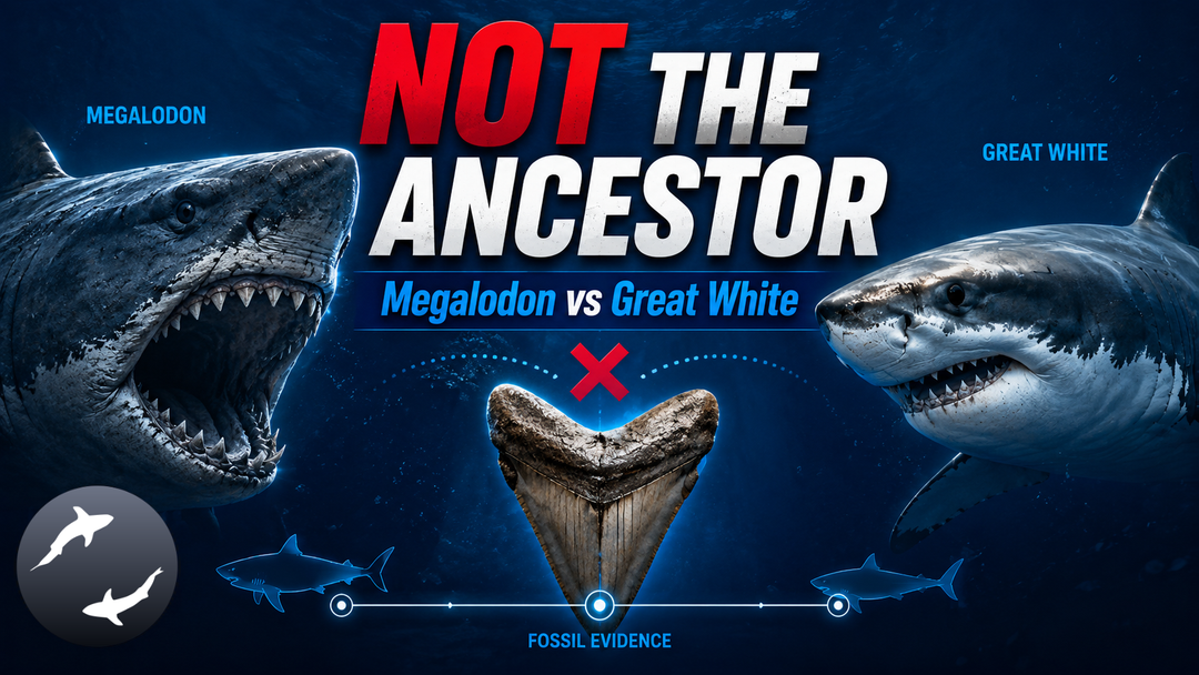 Side-by-side comparison of a megalodon tooth and a great white shark tooth showing the difference in serration pattern — coarse on the great white, fine on the megalodon — evidence of convergent evolution rather than shared ancestry