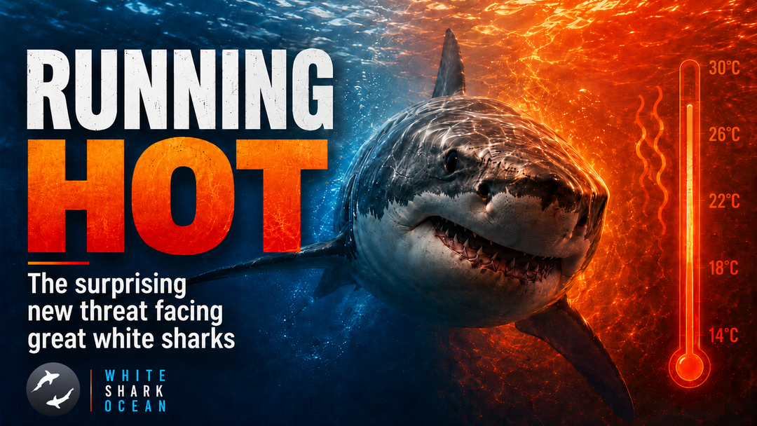 A great white shark swimming through deep ocean waters — illustrating the overheating threat facing mesothermic species as ocean temperatures rise