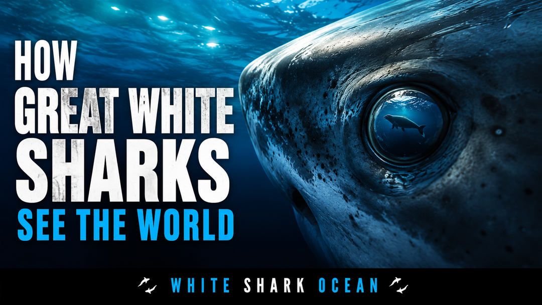 Close-up of a great white shark eye underwater, illustrating the species' remarkable low-light visual system