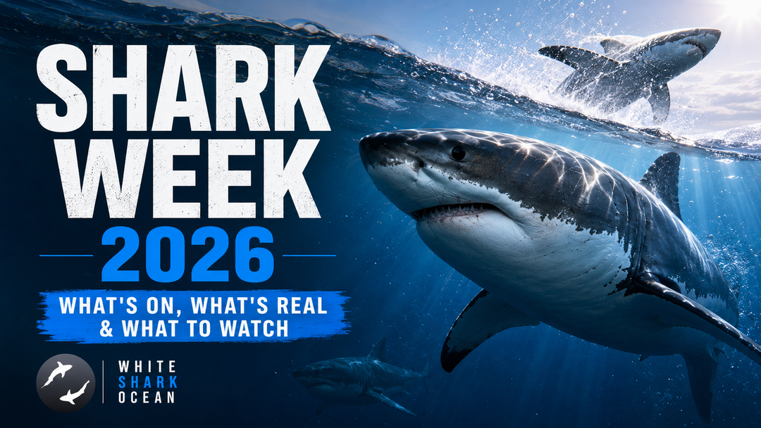 Great white shark breaching the ocean surface, used as the hero image for the Shark Week 2026 guide on White Shark Ocean