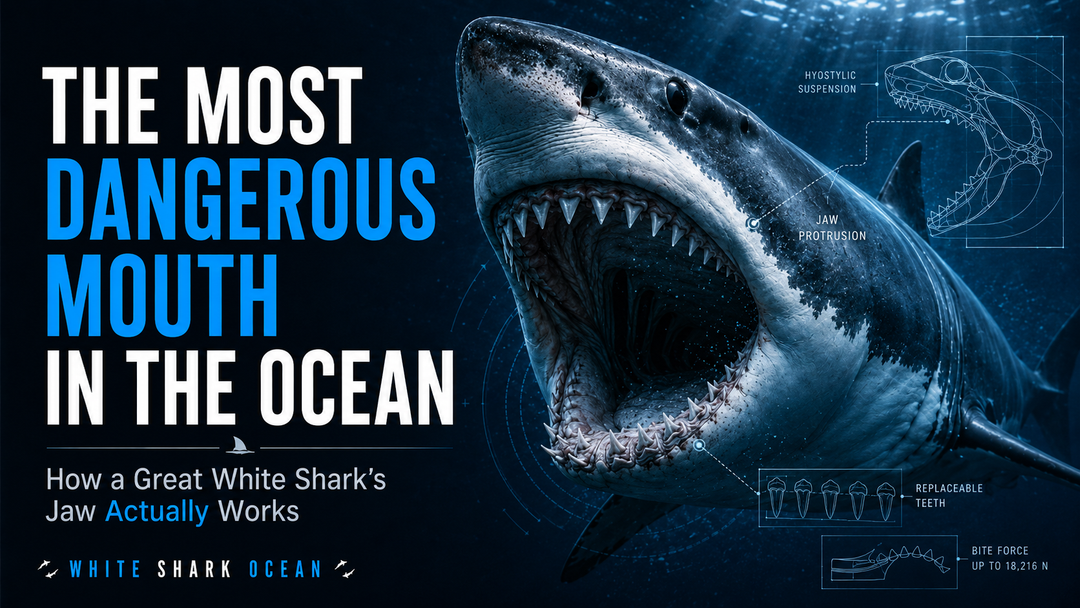 Great white shark with open mouth showing jaw protrusion and serrated teeth