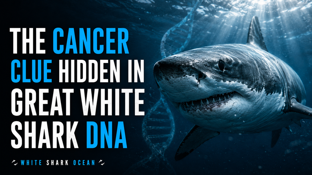 Great white shark swimming, illustrating the species' remarkable cancer resistance and DNA repair mechanisms