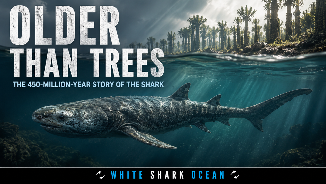 Great white shark swimming alongside a graphic timeline showing sharks predate trees by 65 million years