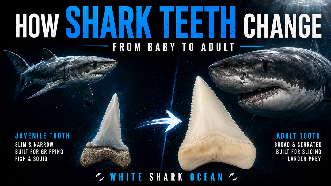Close-up of a great white shark's open jaw revealing rows of serrated triangular teeth — the result of a lifetime of continuous tooth replacement producing up to 50,000 teeth