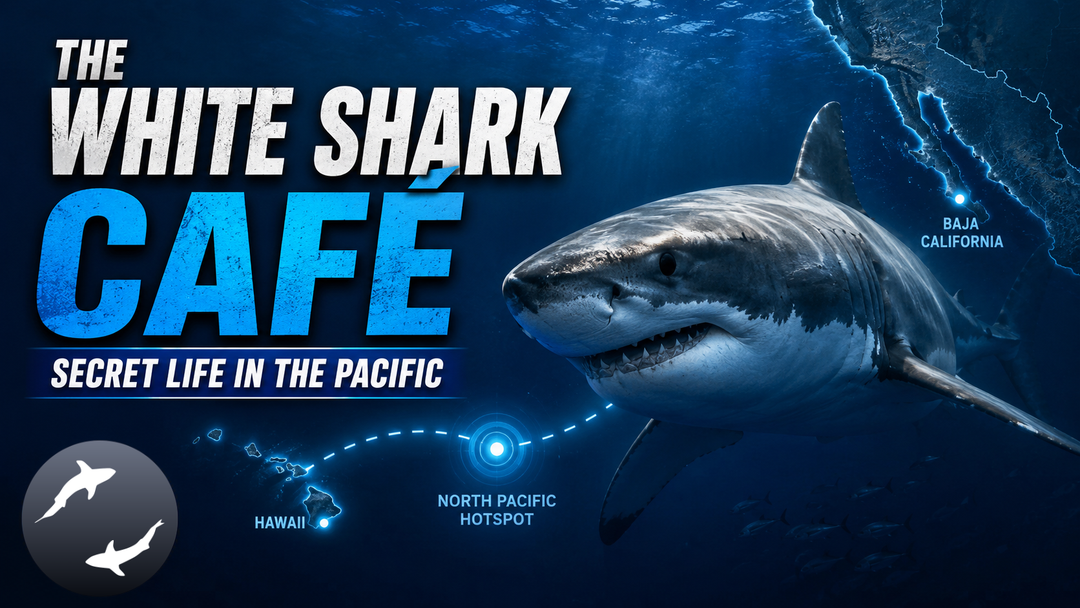 Map of the North Pacific Ocean showing the White Shark Café location halfway between Baja California and Hawaii, the aggregation site where great white sharks spend months each year