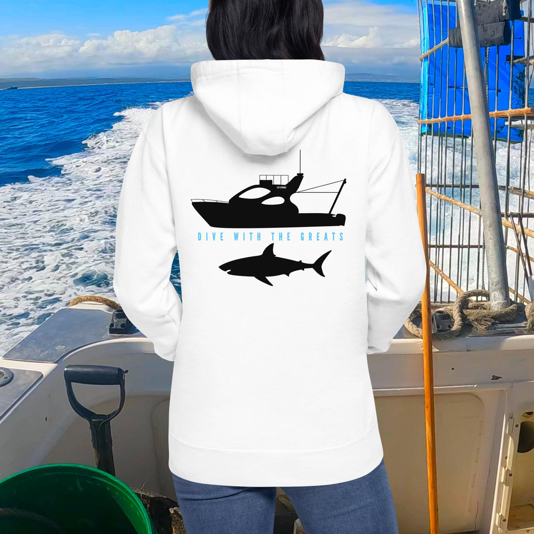 Diving With The Greats Collection | Diving With The Greats White Hoodie | Great White Shark Hoodie | Mossel Bay |White Shark Ocean |