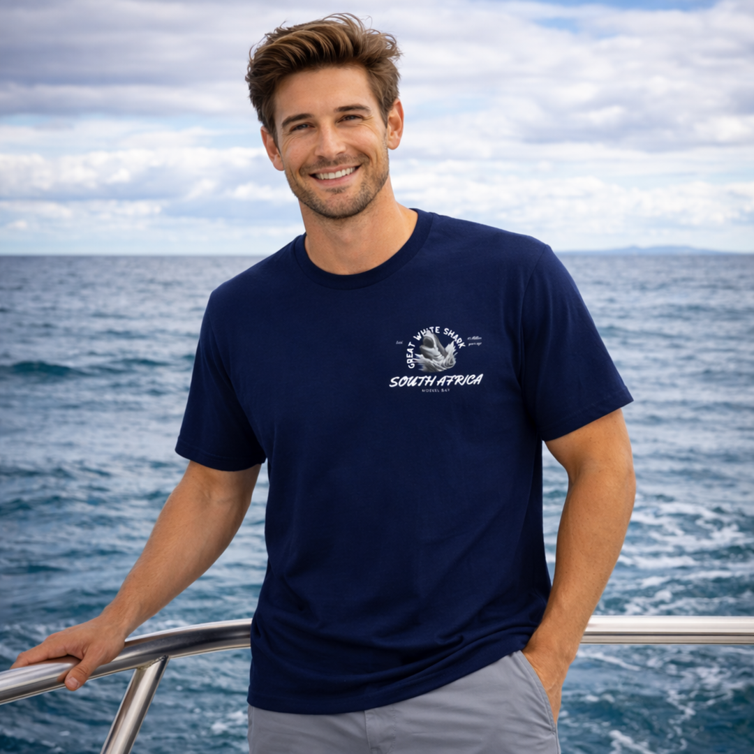 GREAT WHITE SHARK T-SHIRT - "SOUTH AFRICA, ESTABLISHED 45 MILLION YEARS AGO"