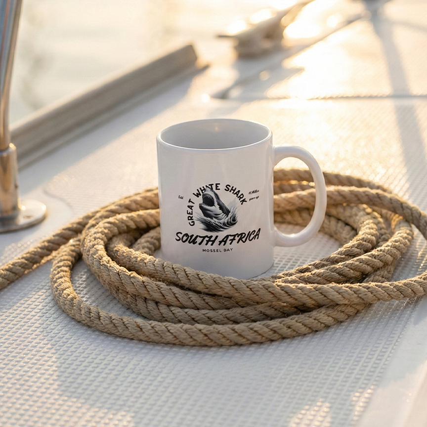 White mug with a logo and text on a boat deck with coiled rope