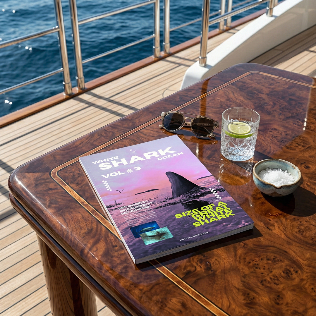 Shark-themed book or art print on wooden boat deck, ocean lifestyle aesthetic
