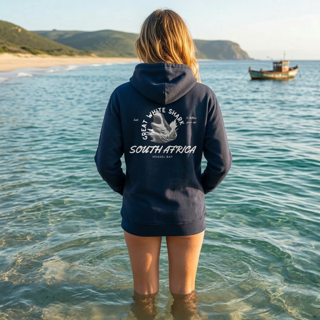 Great White Shark Hoodie - "South Africa, Established 45 Million Years Ago"