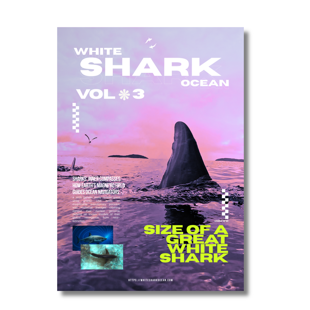 Magazine cover for 'White Shark Ocean Vol. 3' with a shark fin emerging from water at sunset.