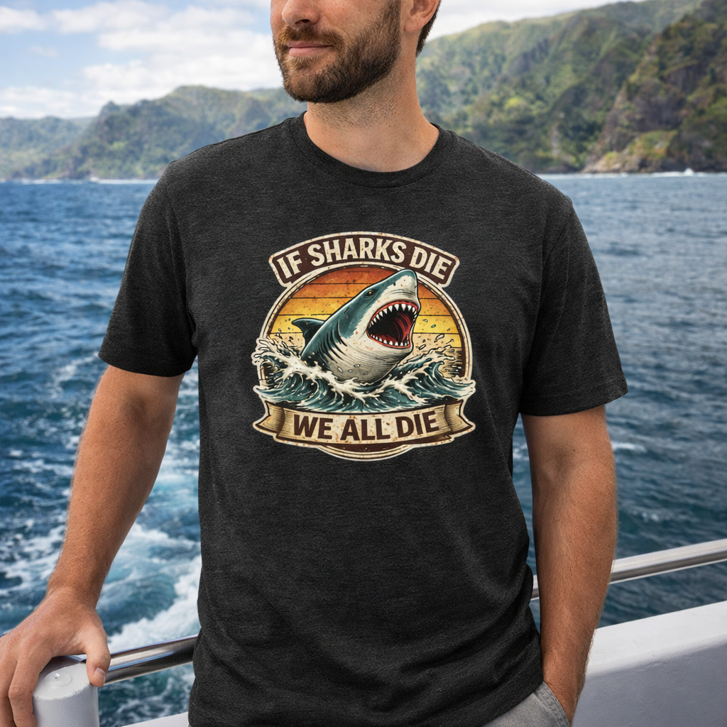 Man wearing a t-shirt with a shark graphic and text on a boat with ocean and mountains in the background