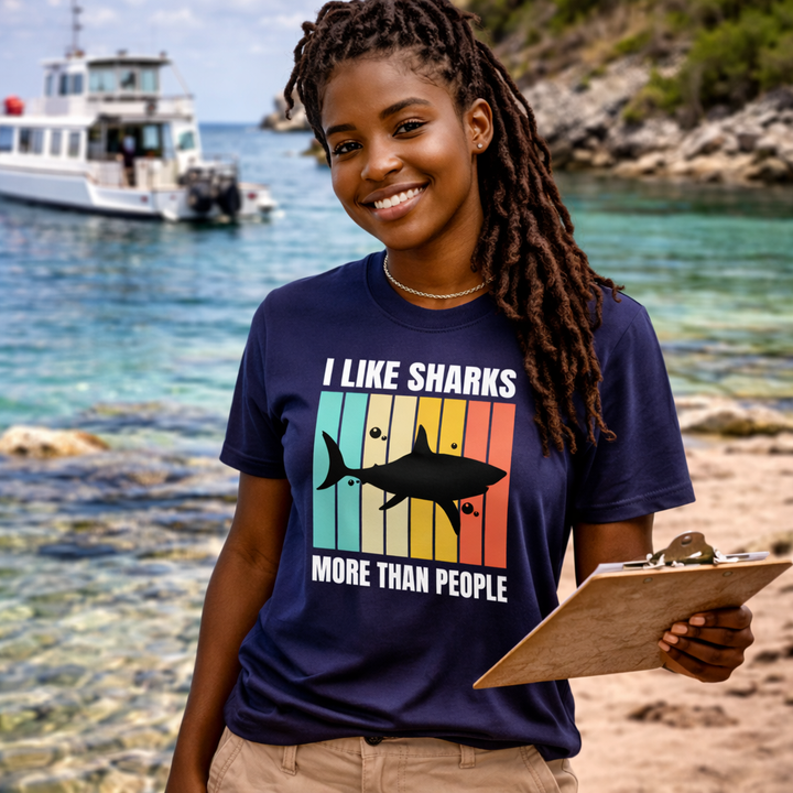 Person wearing a t-shirt with a shark graphic and text by a beach with a boat in the background.