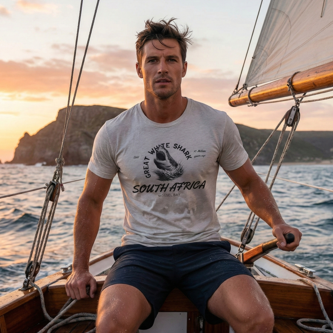 Young man on yacht deck during golden hour, scenic ocean and mountain coastline background