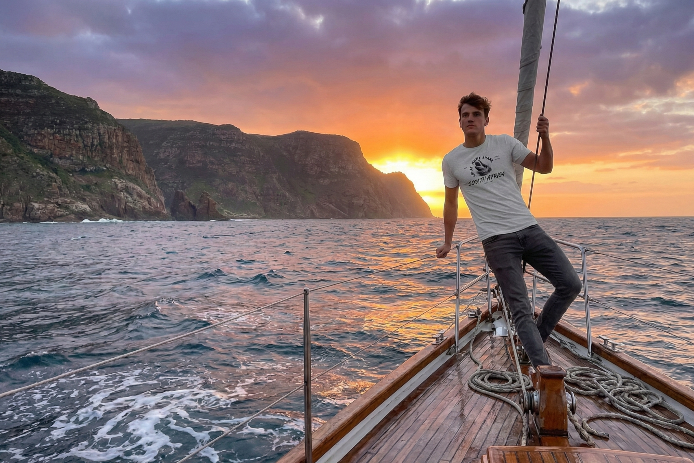 Luxury sailing experience at sunset with man on yacht bow, scenic cliffs and open sea travel destination