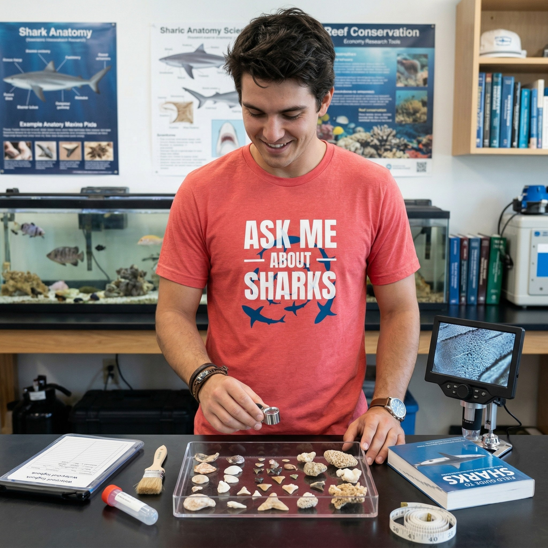 Person wearing a 'Ask Me About Sharks' shirt in a room with shark-related exhibits and books.