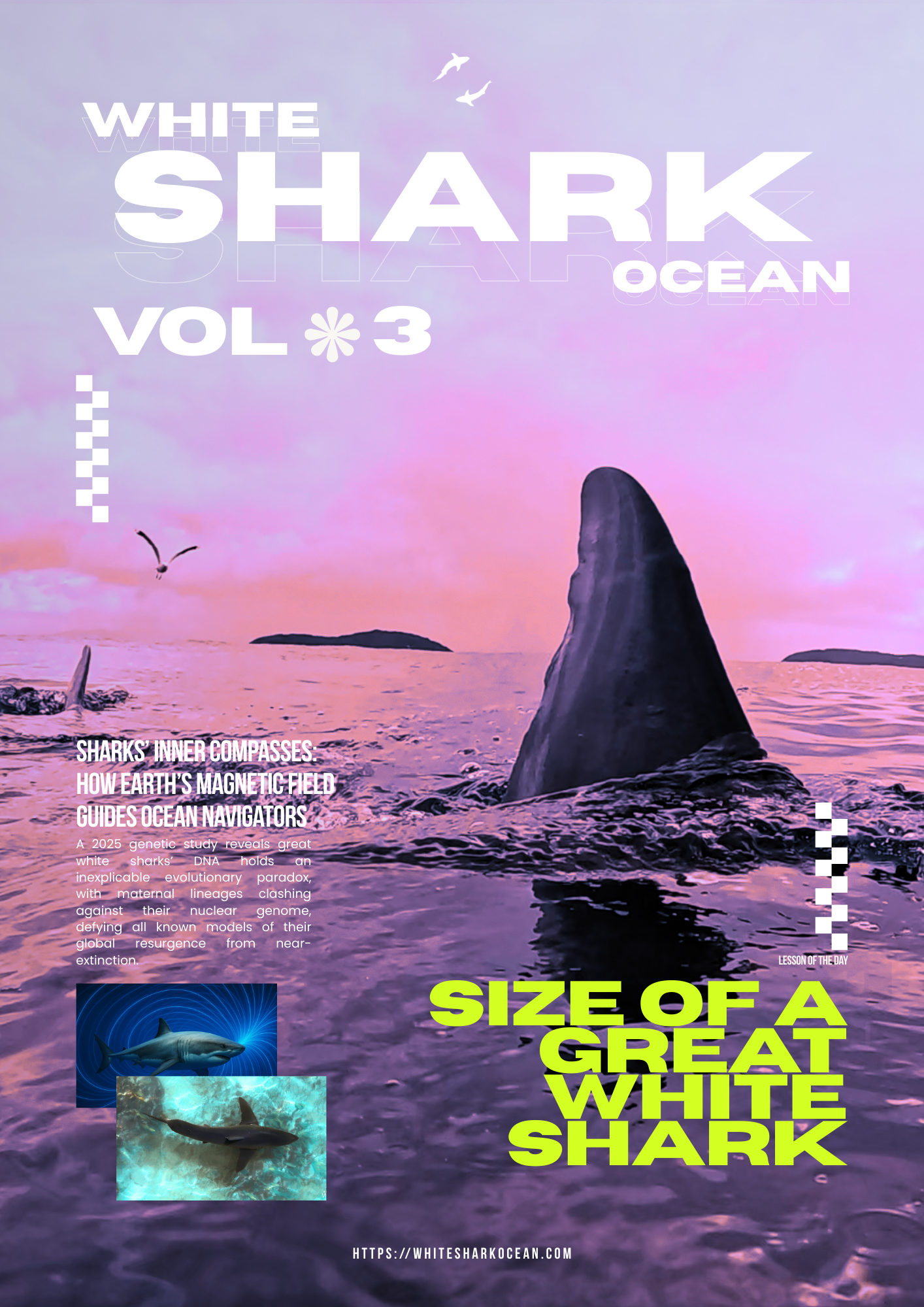 Magazine cover for 'White Shark Ocean Vol. 3' with a shark fin emerging from water at sunset.