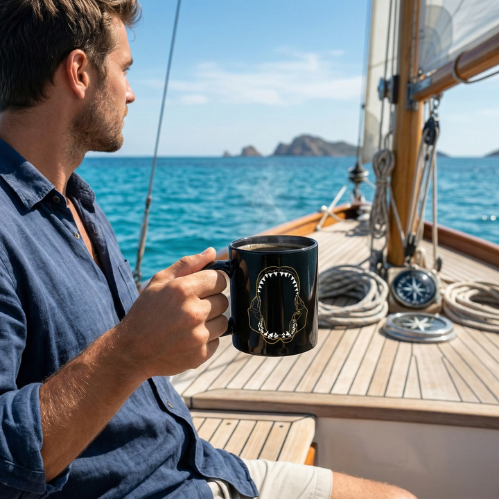 Man on a sailboat holding a black mug with a shark design, looking out at the ocean.