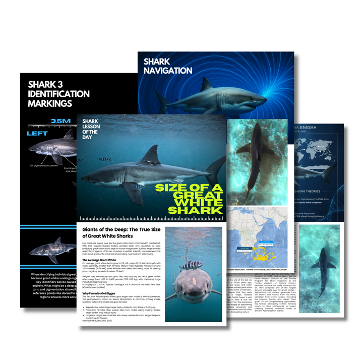 Educational materials about shark identification and navigation on a white background