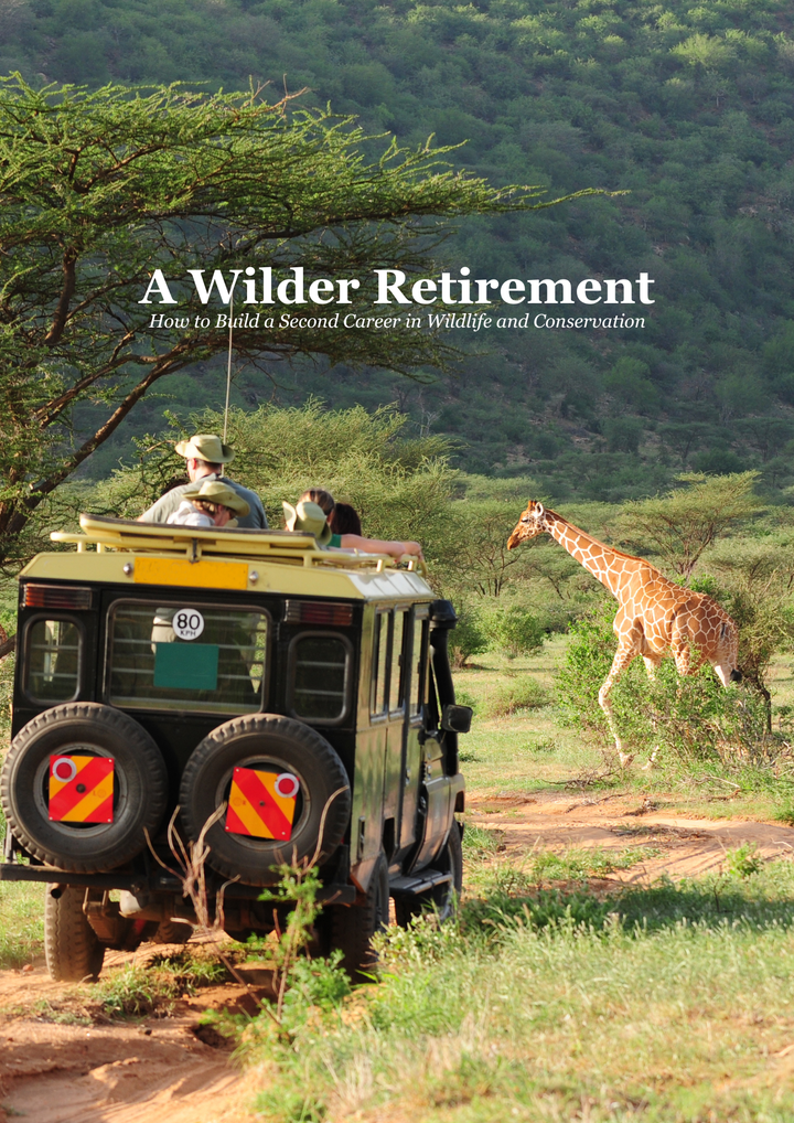 Book cover of 'A Wilder Retirement' with a safari vehicle and giraffe in the background