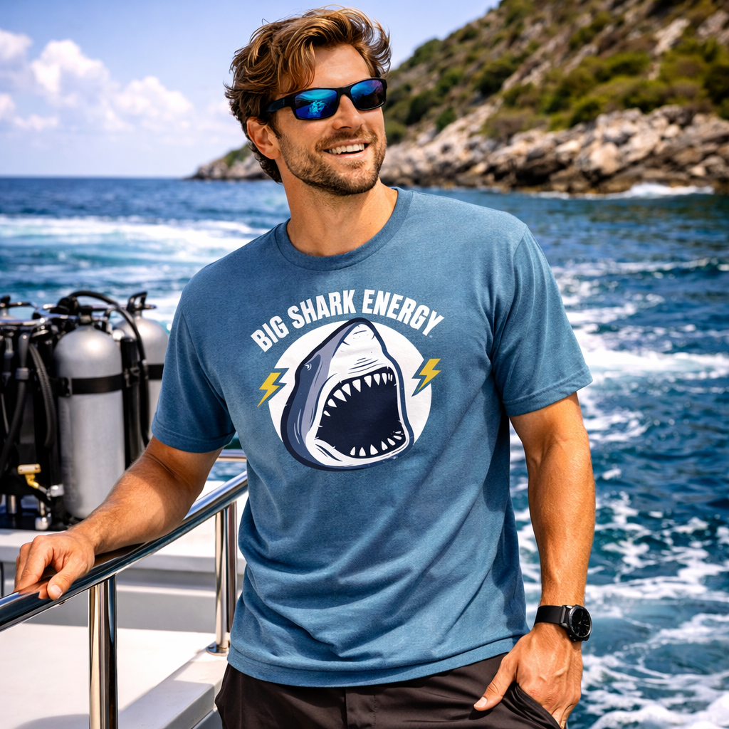 Man wearing a blue t-shirt with a shark graphic and text, standing on a boat with ocean and rocks in the background.