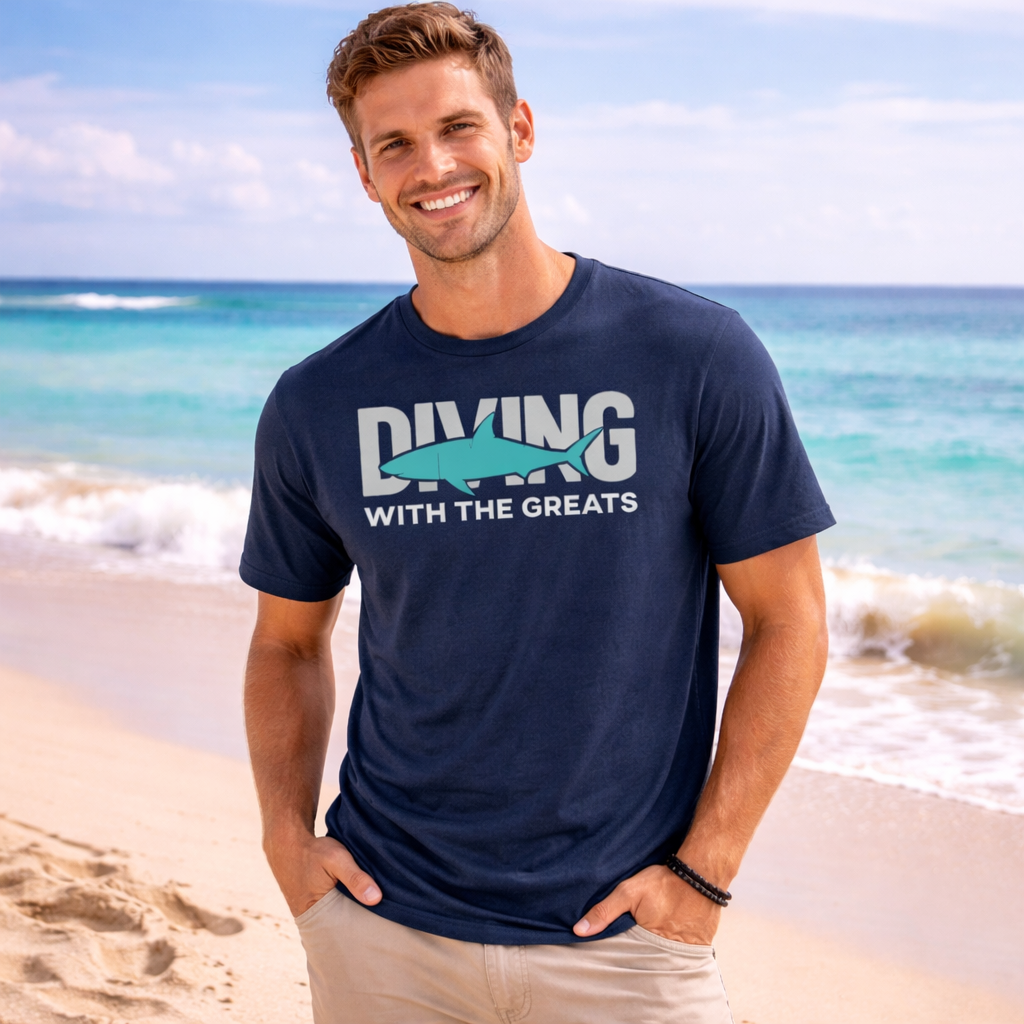 Man wearing a navy blue t-shirt with 'Diving with the Greats' text on a beach