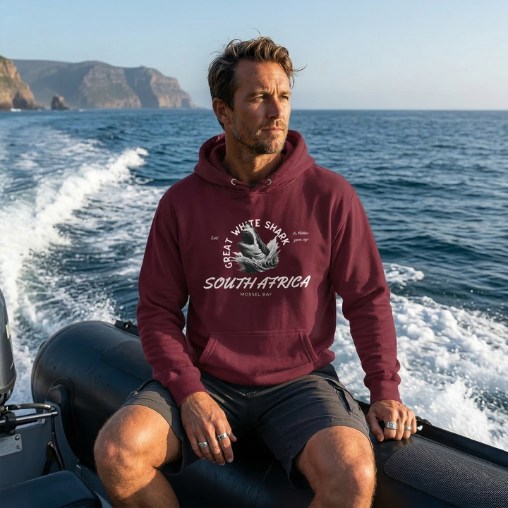 Man wearing a maroon hoodie with a shark graphic and text on a boat in the ocean. "Wear 45 million years of history with our South Africa Great White Shark Hoodie. Bold design, premium comfort & perfect for shark lovers. Shop now."