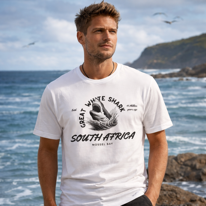 GREAT WHITE SHARK T-SHIRT - "SOUTH AFRICA, ESTABLISHED 45 MILLION YEARS AGO"