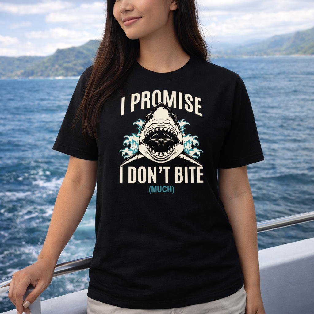 Person wearing a black t-shirt with a shark graphic and i promise i don't bite (much)text by the water.