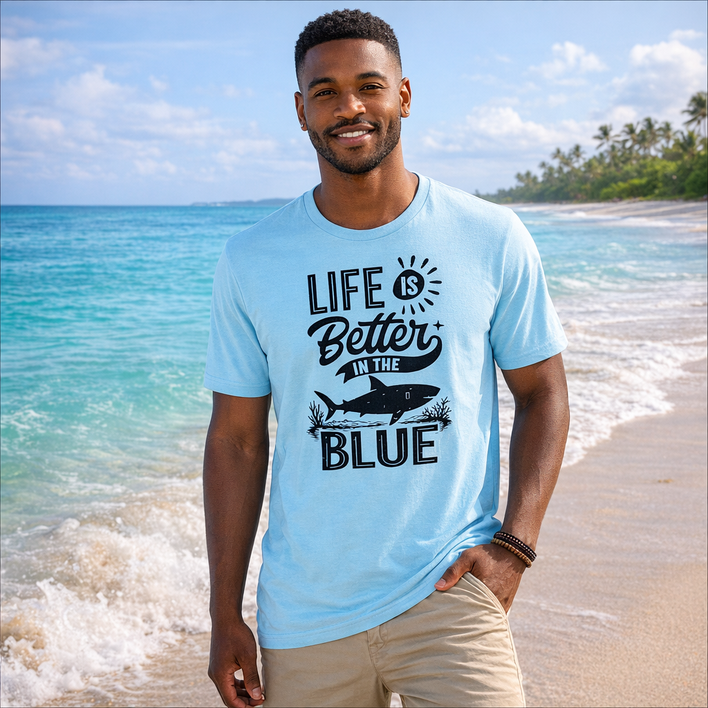 Man wearing a light blue t-shirt with 'Life is Better in the Blue' text on a beach.