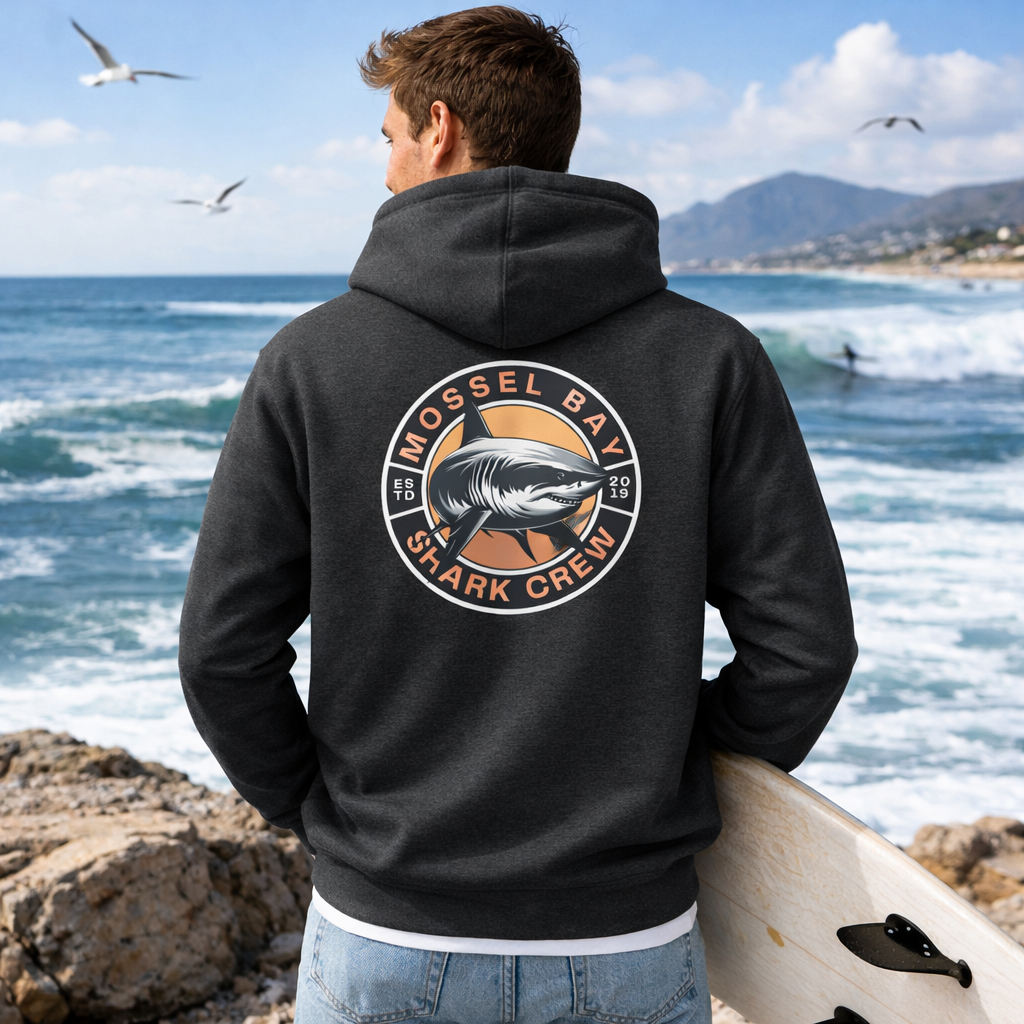 Person wearing a hoodie with a 'Mossel Bay Shark Crew' logo by the ocean.