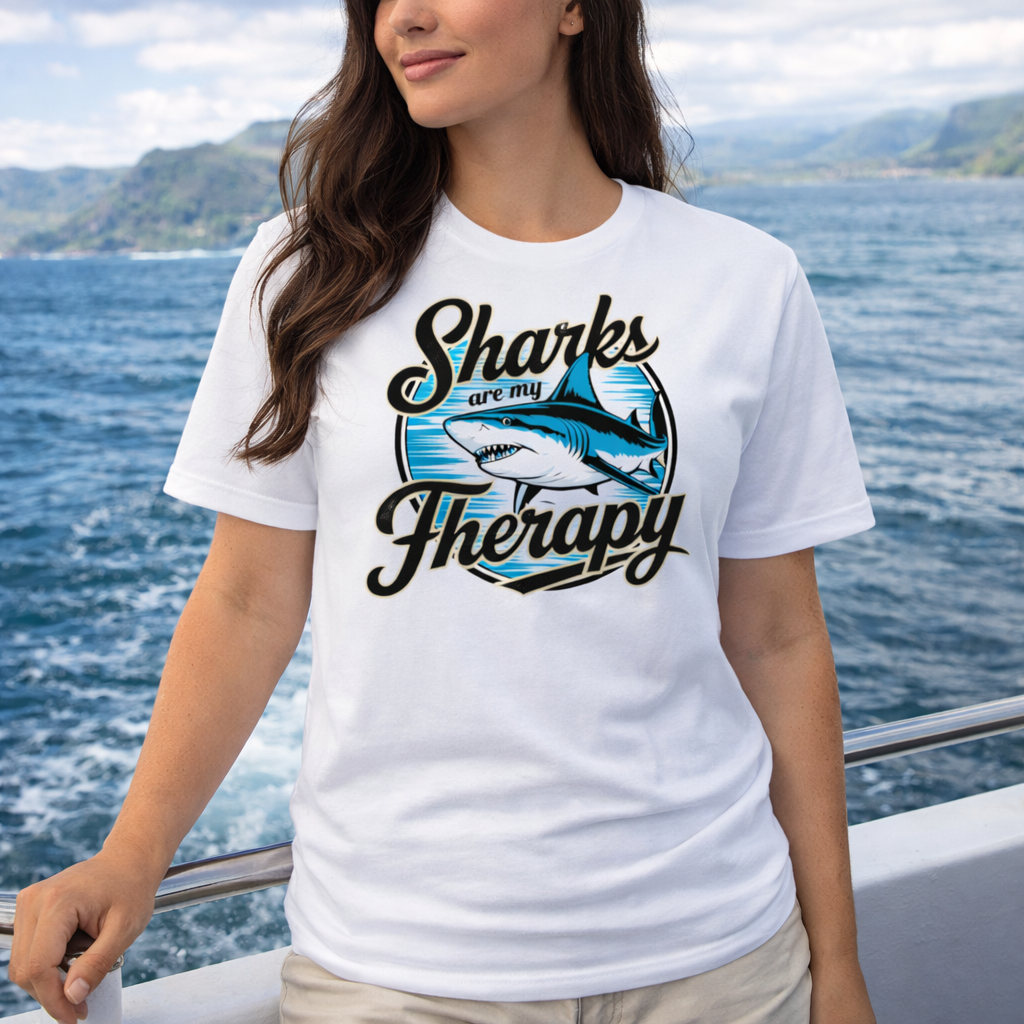 Person wearing a white t-shirt with 'Sharks are my Therapy' design by the water.