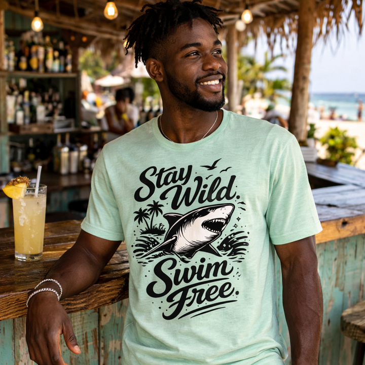Man wearing a light green t-shirt with a shark graphic and text, standing in a beachside bar. stay wild swim free white shark ocean